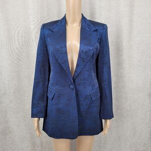 High Point Vintage Metallic Blue Satin   Blazer with Black Floral Embroidery